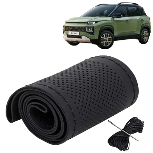 Image of KINGSWAY PU Leatherite Car Steering Cover Sewable Compatible with Hyundai Exter (Year 2023 Onwards), Black Color with Black Thread, Pack of 1 with Sewing Needle and Thread