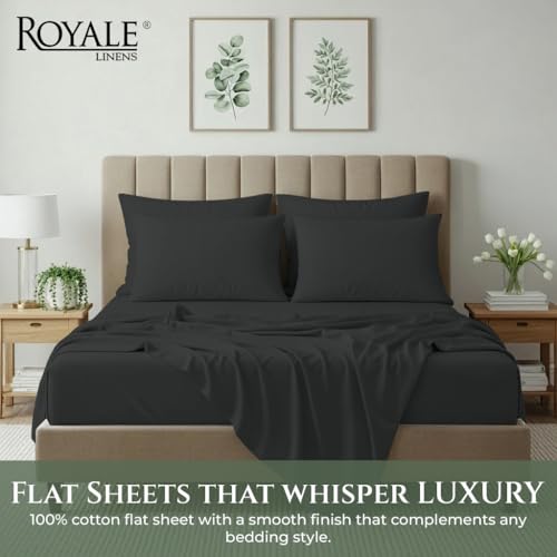 Image of Royale Linens 100% Organic Cotton King Size Flat Sheet Only - Percale Top Sheets - King Flat Sheet Sold Separately - Lightweight & Super Soft 100% Cotton Black Bed Sheets Only (105 inch x 102 inch, Black)