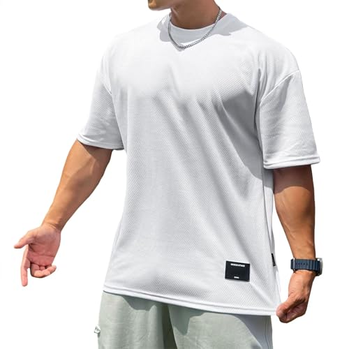 [OROLN] ジムTシャツ 筋トレ メンズ スポーツ おしゃれ オーバーサイズ 半袖 ストレッチ フィットネス ゆとりがある トレーニングウェア 吸汗 速乾 伸縮 通気性 無地（ホワイト-2XL）