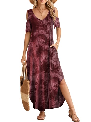 Image of BELAROI Womens Cold Shoulder Maxi Dress Plus Size V Neck Summer Sundresses with Pockets Beach Coverup Vacation Outfits