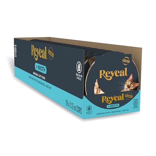 Reveal Natural Wet Cat Food, 18 Count, Grain Free, Limited Ingredient Cat Food Cups, Sardine with Mackerel in Broth, 2.12 oz Easy Peel Cups