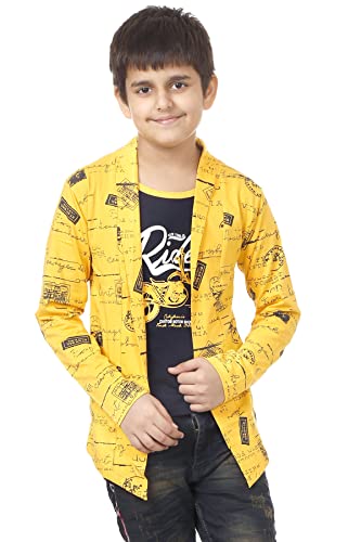 Image of Boys Full Sleeve Cotton Black Printed T-Shirt with Attached Yellow Jacket Shrug Look Smart and Comfortable for Any Casual and Festive Purpose