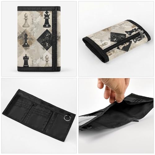Chess Piece Brown Pattern Trifold Wallet for Men - Slim 8 Card Slots, Zipper Coin Purse Money Clip, Cash Compartment 5