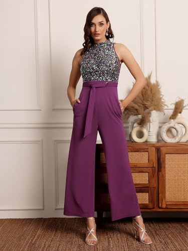 Image of Miss Chase Womens Halter Neck Sleeveless Embellished Regular-Length Jumpsuit