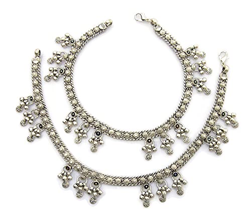 Boho Anklets for Women | Indian Payal German Silver Metal Plated Silver Vintage Antique Oxidised Tone | Artisan Handmade Hand Solder Work Sturdy with fine Metal Charms | Gypsy Hippie Rave Festival Bollywood Style Novelty Fashion Barefoot Jewelry