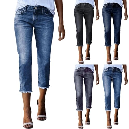 Women's High Waisted Denim Capris Stretchy Straight Leg Cropped Jeans with Raw Hem Casual Pants