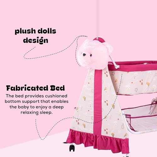 Image of BAYBEE CozyNest Baby Cradle and Swing Jhula for Newborn Babies with Removable Mosquito Net, Washable Fabric, Lockable Wheels & Safe Sleeping Bed Crib for Infants Up to 2 Years (Pink)