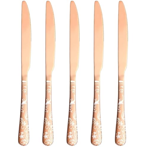 Image of 9.1 inch Rosegold Dinner Knives With Floral Printed Handle | 5-Piece Premium Stainless Steel Flatware Set of Steak Knives | Elegant Dishwasher-Safe Cutlery for Home, Restaurants, and Gifting