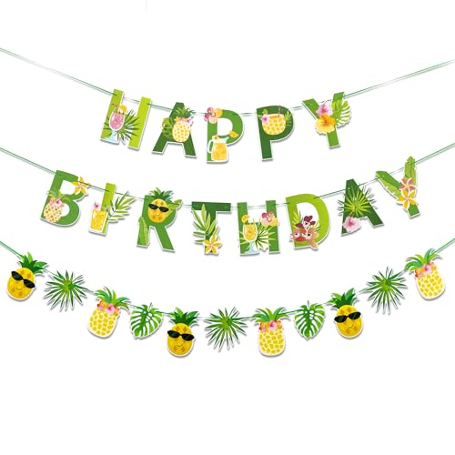Image of SUNBEAUTY Fruit Party Decorations Happy Birthday Pineapple Element Banner for Summer Tropical Hawaiian Aloha Parties - Colorful, Vibrant, Durable, Fun and Easy to Hang | Pre-Strung