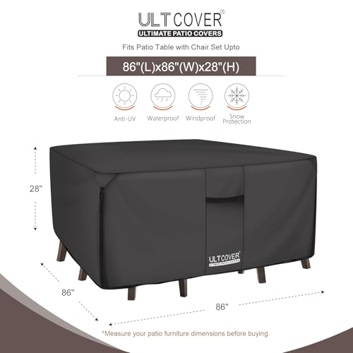 Image of ULTCOVER 600D Tough Canvas Heavy Duty Square Patio Table and Chair Cover - Waterproof Outdoor General Purpose Furniture Covers 86 inch, Black