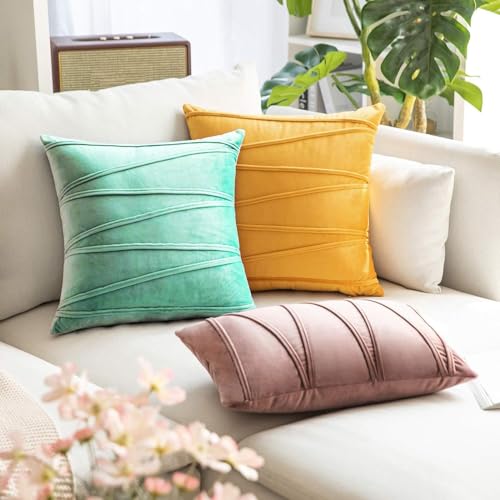 Image of Khooti Velvet Striped Cushion Cover Pack of 1-22 inchX22 inch /56X56 Cm | Teal Green | Soft Pillow Covers Cushion Case for Sofa Bedroom Living Room Chair Car, Cushion Cover with Zig Zag Pattern