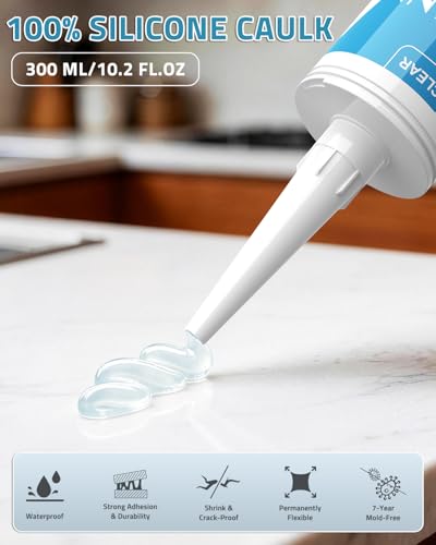 Image of PAULINN Silicone Sealant, 100% Silicone Caulk Clear Waterproof for RV, Kitchen, Bath, General Use, Window, Door, Glass, Marine, 10.2 Oz, 2 Pack