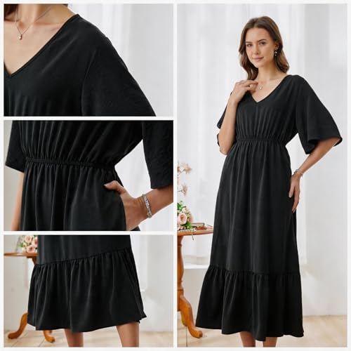 Image of Women's Summer Short Sleeve Maxi Floral Flowy Dresses with Pockets