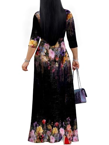 Image of SUZONANA Plus Size Dresses for Women Floral Print Maxi Dress Flowy 3 /4 Sleeve with Belt