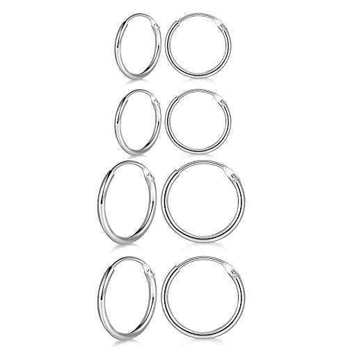 4 Pairs Sterling Silver Cartilage Small Hoop Earrings Set Hypoallergenic 14K White Gold Plated Endless Helix Tragus Earrings Nose Lip Rings, 8Mm 10Mm 12Mm 14Mm (8Mm*2+10Mm*2) #TOP23