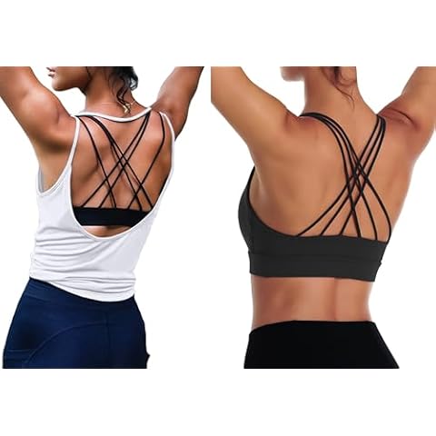 OYANUS Womens Summer Workout Tops Gym Yoga Tops & Sexy Crisscross Back Padded Sports Bras for Women White-L+Black-L Cover