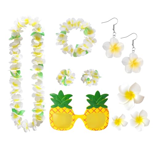 Ensemble De 4 Guirlandes Hawaïennes, 1 Paire De Verres À Ananas, 1 Paire De Boucles D'Oreilles De Vacances À La Mer, Accessoires Assortis Pour Le Bal Des...