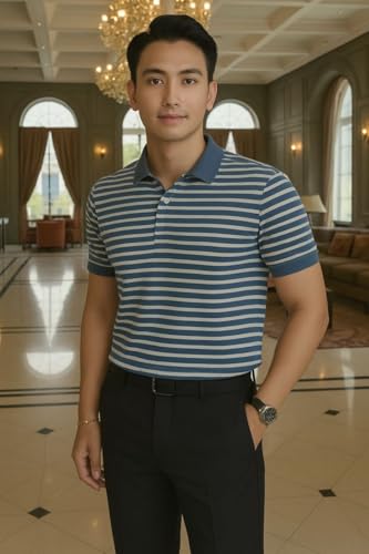 Image of MACK JONNEY Men's Cotton Polo T-Shirt | Regular Fit | Short Sleeve | Striped Casual Wear | Pack of 2 -MJ-1