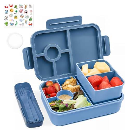 Bugucat Fiambrera infantil con compartimentos, 1300 ml, 3 unidades, a prueba de fugas, con 4 compartimentos, con compartimentos para adultos, caja de desayuno, fiambrera para niños y niñas, azul