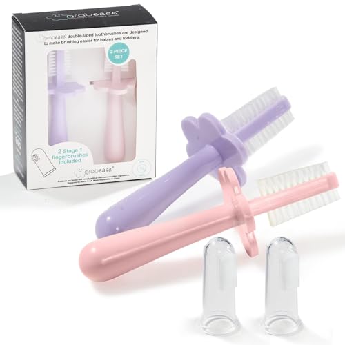 Image of grabease Double-Sided Baby Toothbrush - Gentle Silicone Finger Brush - Dual-Sided Toddler Toothbrush for Ages 1-2 - Safety Barrier & Travel-Ready Brush for Kids - Pack of 2 - Lavender/Blush