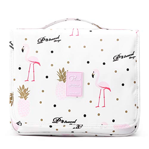 Azarxis Hanging Toiletry Bag Multifunction Travel Cosmetic Case Makeup Organizer Waterproof Portable Pouch for Women & Girls with Sturdy Hook (Pineapple Flamingo - White)