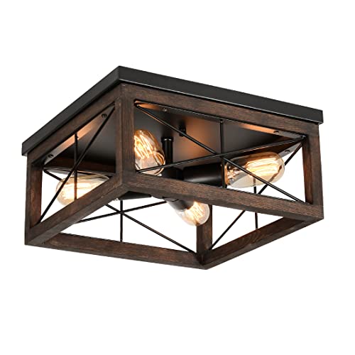 Eyassi 4-Light Wooden Flush Mount Ceiling Lights, Vintage Farmhouse Close to Ceiling Light Fixture, Rustic Industrial Farmhouse Ceiling Light for Kitchen Living Room Bedroom Hallway Laundry Entryway