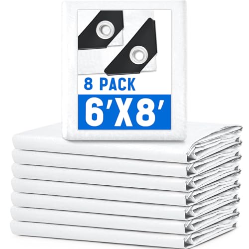 Image of 8 Pack White Tarps 6 x 8 ft, 5.5 Mil Heavy Duty Waterproof Tarp, Multipurpose Shade Tarps for Patio, Swimming Pools, Boats, Camping, Courtyards, Sun Shade & Outdoor Protection Cover