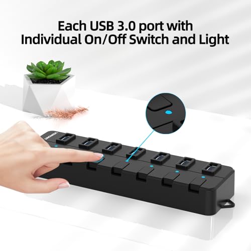image for USB hub,7 Port USB 3.0 Hub,VEMONT USB Splitter with Individual On/Off 