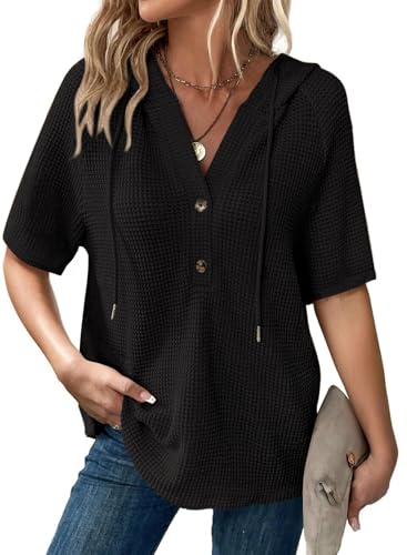 Image of Dokotoo Womens Summer Tops Waffle Knit Short Sleeve Lightweight Drawstring Hoodies Button V Neck Casual Blouses Shirts