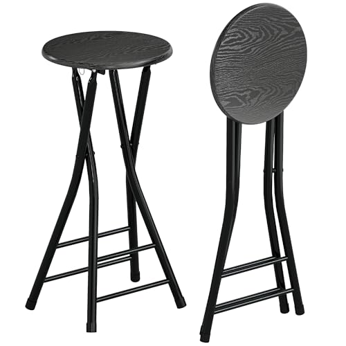 HOMCOM Lot de 2 Tabourets de Bar Pliables, Chaises de Bar Ronds avec Double Repose-Pieds, Hauteur d'Assise 61 cm, Cadre en Acier, pour Cuisine, Salon, Salle à Manger, Noir