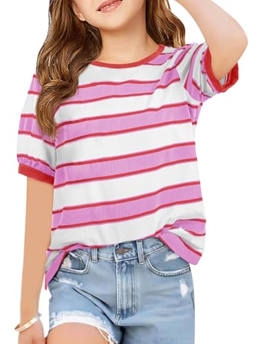 Image of Haloumoning Girls Striped Short Sleeve T Shirts Kids Summer Casual Tops Crewneck Tees Blouses 5-14Y