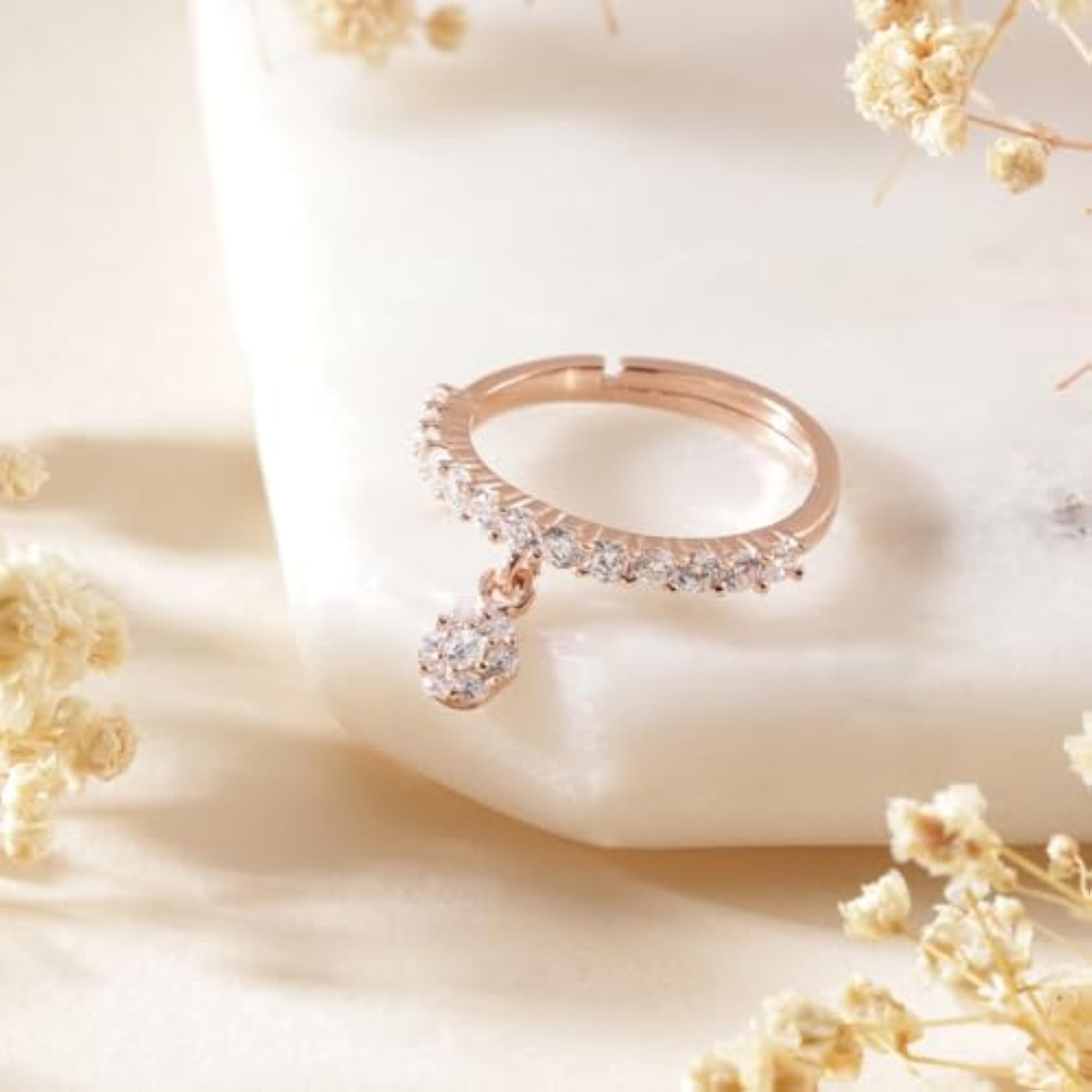 925 Sterling Silver CZ Drop Rose Ring with 925 Hallmark