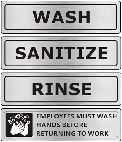 (4 PACK) Wash Rinse Sanitize Sink Labels Signs Stickers with Employees Must Wash Hands Sign, Self-adhesive Waterproof Aluminum Metal Sign for Restaurant Kitchen Sinks (7x2 inch, Brushed Nickel/Black)