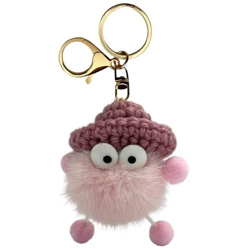 Llavero pompón, Llavero peluche, Colgante de pompón, Pompón para llaves, Llavero decorativo, Diseño con ojos y gorro, Felpa, Diámetro del pompón 7 cm, Rosa