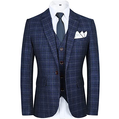 Premium Men Navy Blue Plaid Tweed Blazer Prom Tuxedo Notch Lapel Check Grooms Tuxedo Wedding 3 Pieces Suit Jacket Pants Vest2