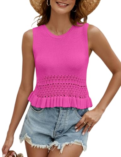 Image of VIMPUNEC Womens Crochet Crop Tank Tops Sleeveless Knit Sweater Vest Ruffle Hem Summer Top