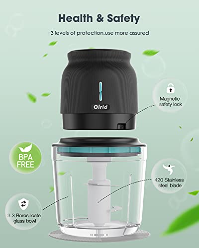 Electric Cordless Food Chopper, Olrid Mini Food Processor 600ml, Food Blender, for Chop Onion Garlic Vegetable Nut, Baby Food, 2-Speed Adjustable, BPA Free Glass Bowl - Black Second Image