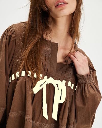 Gacaky Womens Long Sleeve Mini Dress Fall Fashion Casual Loose Fit Flowy Swing Embroidered Self Tie Front Pullover Tops3