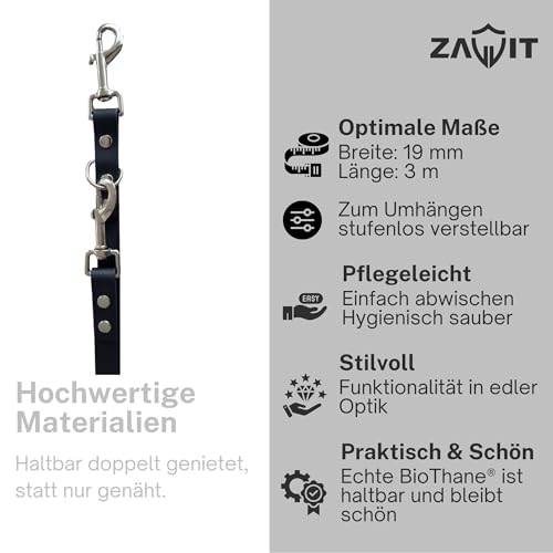 ZAVVIT BioThane Hundeleine, Umhängeleine 3m - 19mm breit | Verstellbar 1,5–3m | für mittelgroße & große Hunde | wasserfest, robust & pflegeleicht | Joggingleine mit 2 Karabinern (schwarz)