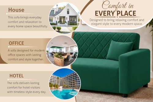 Image of Rosebell 3 Seater Wooden Sofa for Living Room, Modern Fabric Upholstered Sofa with Quilted Backrest, Cushioned Seating, Padded Armrests & Sturdy Wooden Frame - Green