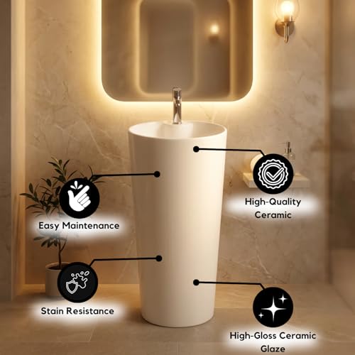 Image of Well Set Luxury Ceramic One Piece Pedestal Wash Basin | Premium Round Stand Wash Basin for Home Office Hotel | White Round