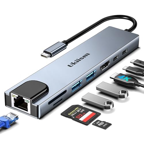USB C Hub Ethernet HDMI Adapter, 8 in 1 Docking Station with 4K HDMI, RJ45 Ethernet, SD/TF Card Reader, USB 3.0/2.0, PD 100W, LAN USB-C Dongle for MacBook Pro/Air, iPad Pro, XPS, etc