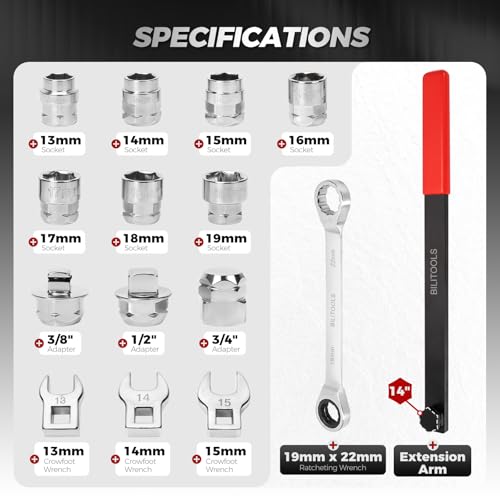 Image of BILITOOLS Serpentine Belt Tool Set with Ratcheting Wrench, Tensioner Kit | Universal Set with Crowfoot Wrenches & Socket Adapters, 19mm & 22mm Ratchet Drive, Durable Steel