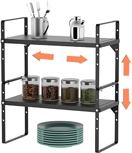 Slideep Stackable Cupboard Shelf Organizers, Countertop Organizer Expandable Storage Cabinets Cabinet Stand Spice Rack for Kitchen, Pantry, Bed room, Lavatory, Workplace, Steel Plate Black – 2 Pack