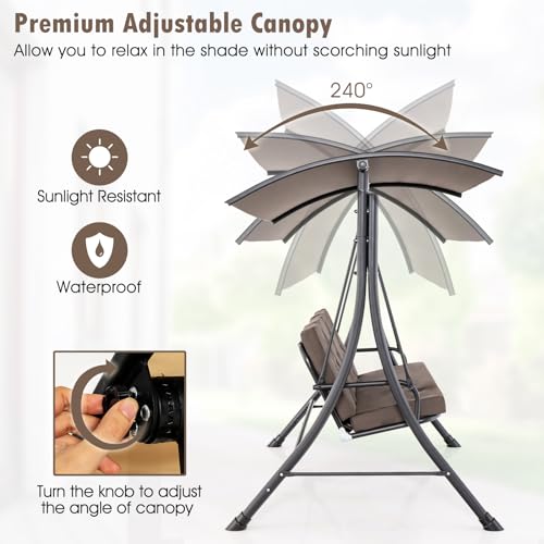 Image of Tangkula 3 Person Porch Swing, Outdoor Swing with Removable Cushions, Solid Steel Structure, Patio Swing with Adjustable Canopy for Garden, Backyard, Balcony, Poolside