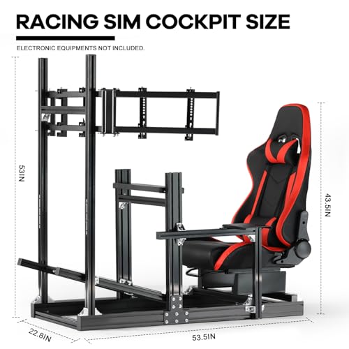 Anman Aluminum Profile Racing Simulator Cockpit with Triple Monitor Mount and Red Seat Fit for Logitech/Thrustmaster/Fanatec, Universal Adjustable Multi Cockpit,Excluding electronic devices