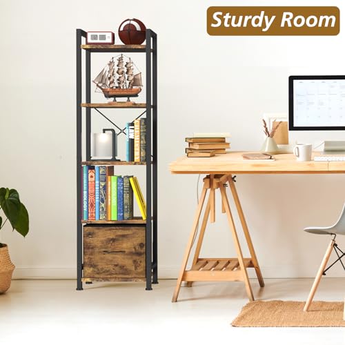 Across-Star Narrow-Bookshelf-With-Storage-Drawer, 5-Tier Small Standing Book Shelf Organizer For Small Space, Tall Thin Bookcase Shelf For Bedroom Living Room Office, Wooden Shelving Unit Rack For Display thumb #1
