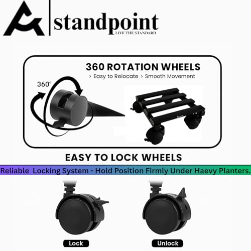 Image of Standpoint | Heavy Duty Metal Plant Stand | 4 Wheels (2 Lockable) | Rust Resistant | Upto 50kg Load | Black Coated Gamla Stand | Stylish for Home & Office Indoor Outdoor Use