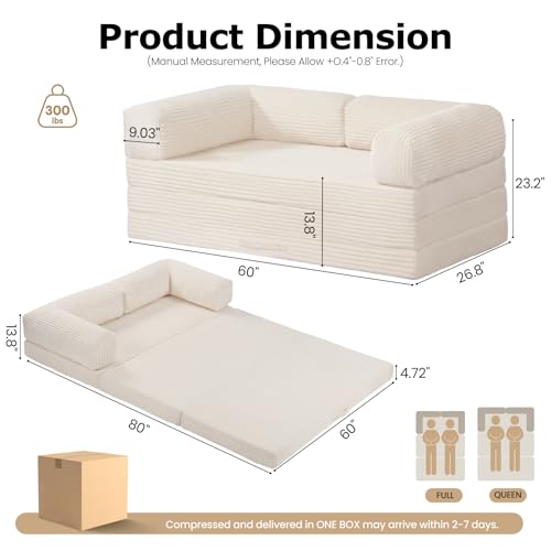 Image of Convertible Sofa Bed, Tri-Fold Foldable Mattress with Removable Arms & Washable Cover, Portable Mattress Futon Sofa Bed, No Assembly Required & Non-Slip, Queen Size, Beige
