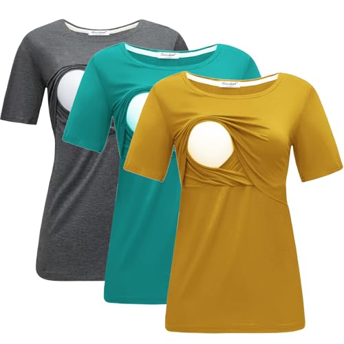 Image of Bearsland Women's 3 Packs Maternity Nursing Tops Short Sleeve Breastfeeding Shirts